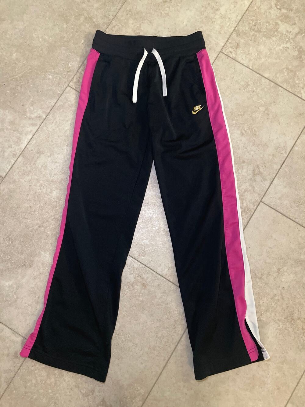 2000s Nike Gray Tag Kids Girls Sz L Wide Leg Track Sweat Pants Black Pink Stripe